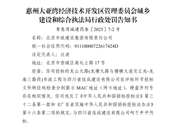 一点金 北京市政建设集团在惠州违法串通投标! 被罚110.5万元